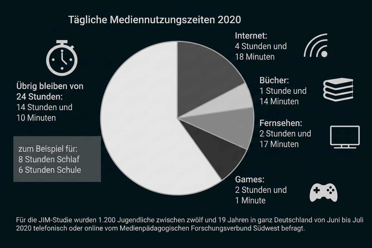 Kreisdiagramm zu täglichen Mediennutzungszeiten 2020 mit Internet, Bücher, Fernsehen und Games.